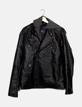 Jack & Jones Cazadora biker negra capucha neopreno